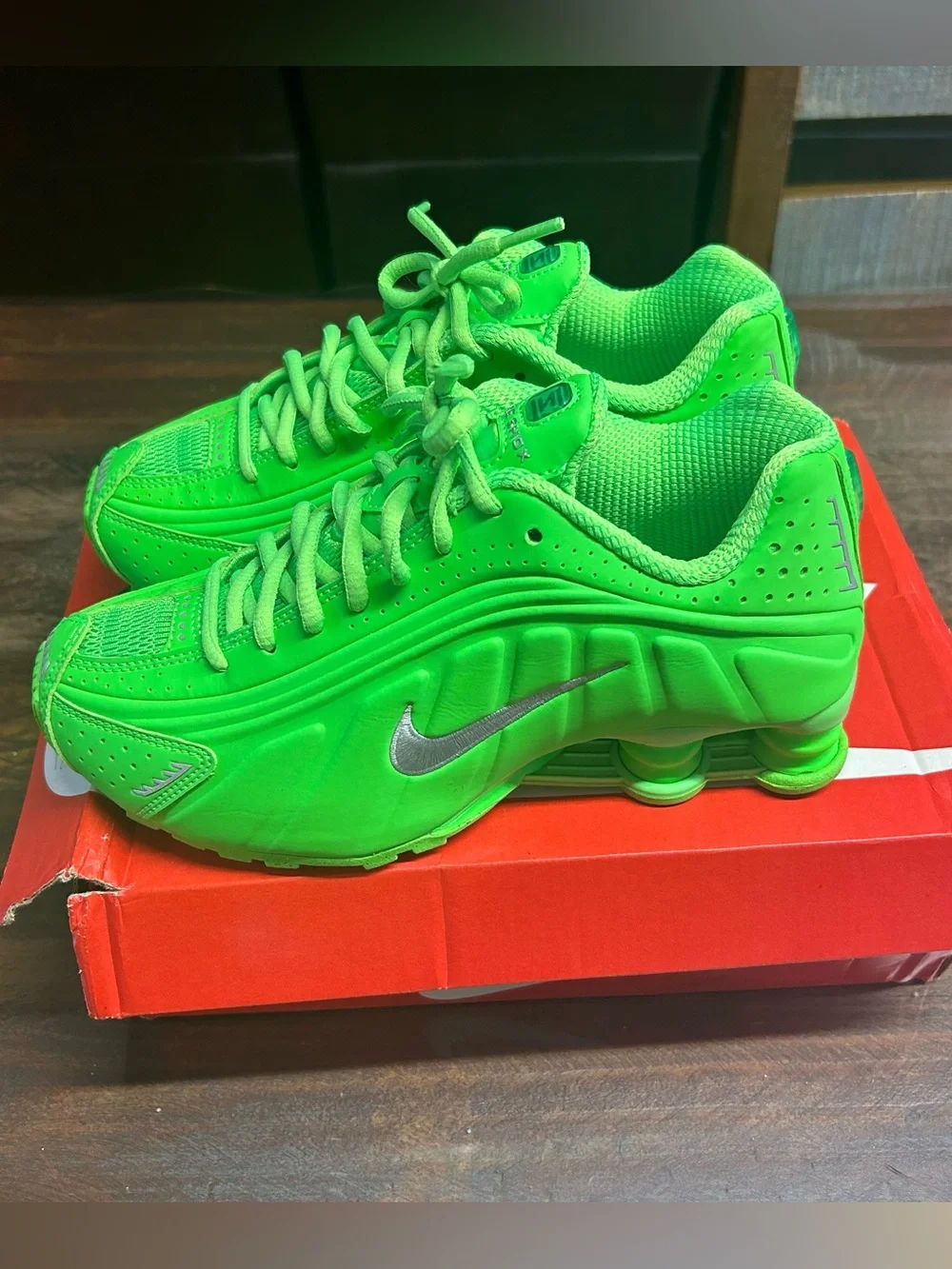 Nike Kids' Neon Green Shox Sneakers with Silver Swoosh